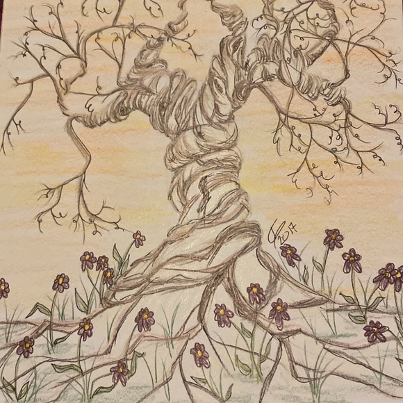 Unframed Original Art Drawing Illustration Pencil Crayon & Ink Tree & Flowers - Picture 4 of 4
